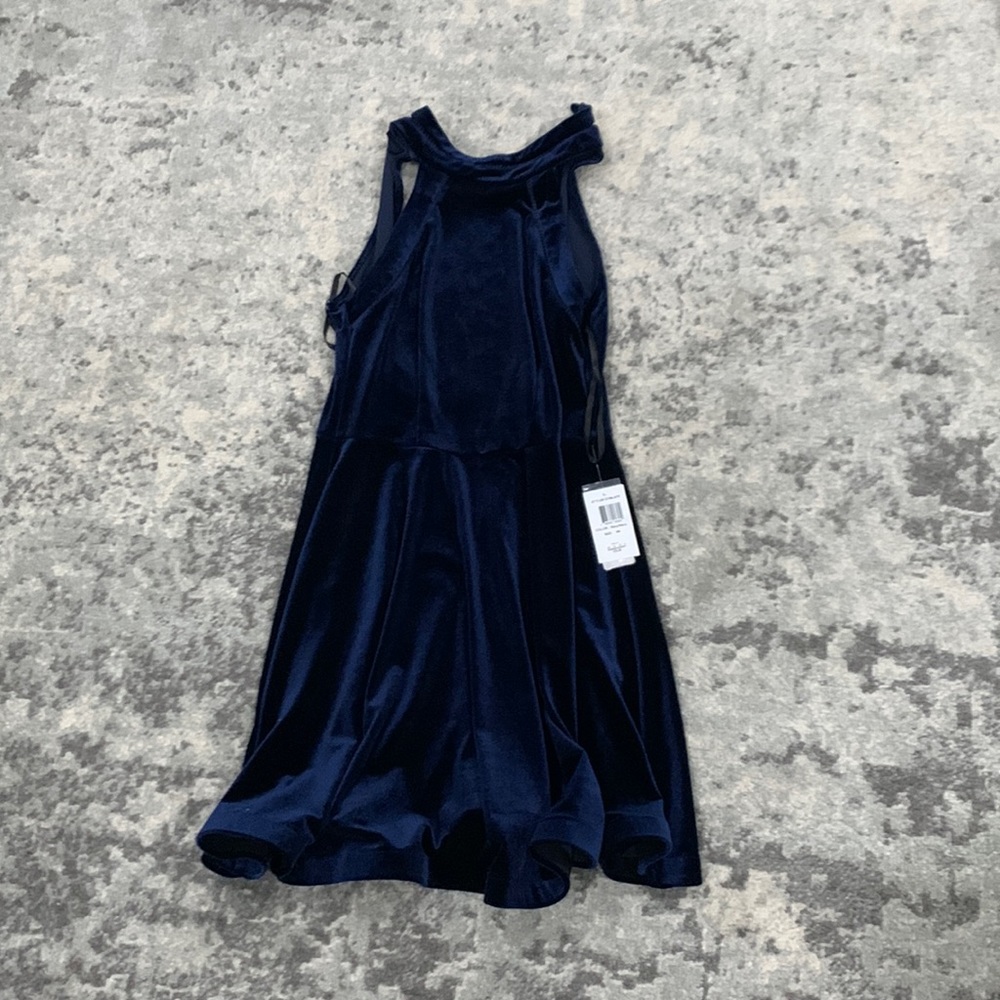 Navy blue velvet mini halter cocktail dress